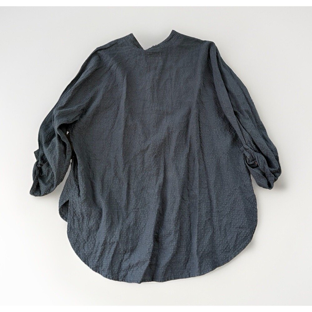 FLAX Linen Blend Mandarin Collar Shirt Womens L Black Waffle Texture Tunic - Picture 2 of 6
